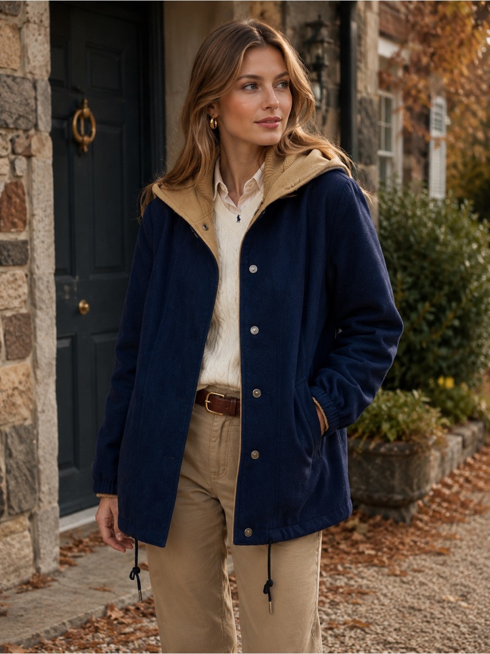 Vintage Mackintosh Vest Hooded Coat Navy Blue & Tan Women's Size 8 Wool Pea Coat